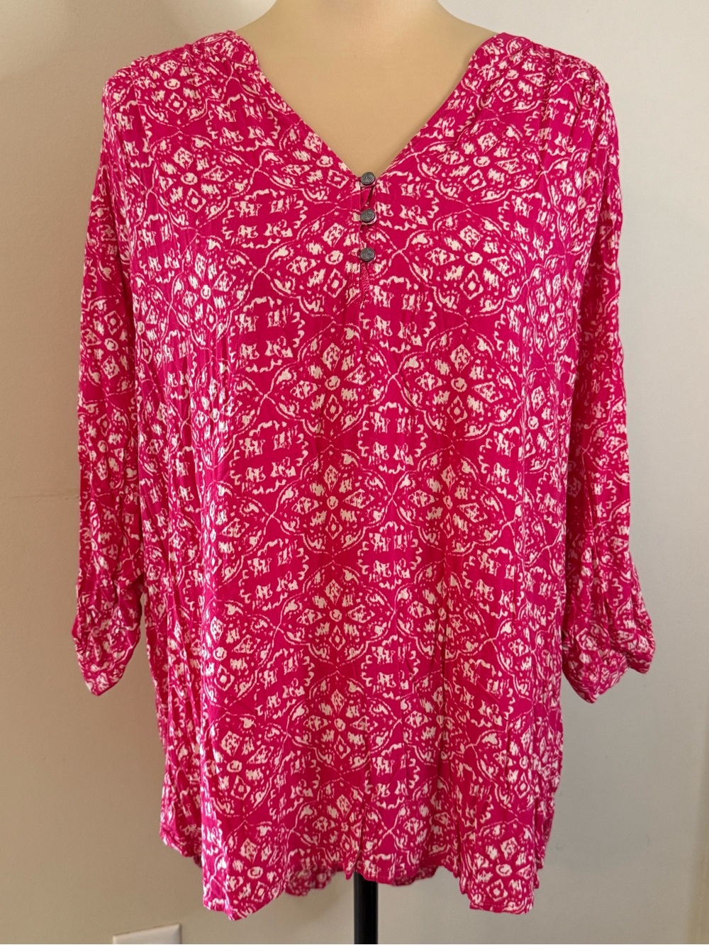 Bit & Bridal western boho pinkish red top button V neck crop sleeves plus SZ 2X